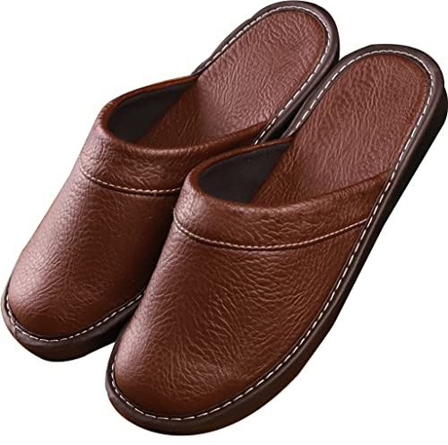 Zapatillas De Piel Para Hombre Y Mujer, Sandalias De Cuero De Punta Cerrada, Cuatro Estaciones Pantuflas, Transpirable Muy Fuerte Adecuado Para Interior Y Exterior ( Color : Bruin , Size : 41/42 EU )