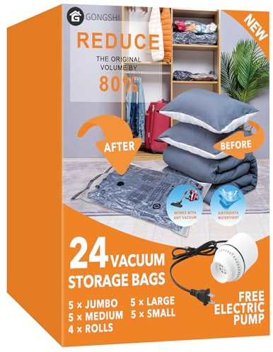 Paquete de 24 bolsas de almacenamiento al vacío con bomba eléctrica (5 jumbo, 5 grandes, 5 medianas, 5 pequeñas, 4 bolsas enrollables) Bolsa de ahorro de espacio para ropa, colchón, manta, edredones,