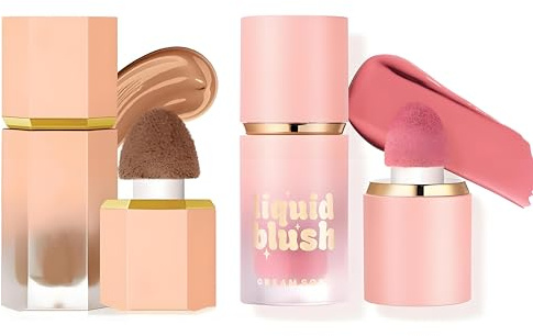 Beauty Searcher Flüssiges Rouge & Kontur Makeup Set, Weiches, leichtes, atmungsaktives Gefühl Eingebauter Schwamm Spitze Gesicht Make-up-Geschenk-Set (#Rouge 01+Kontur 01)