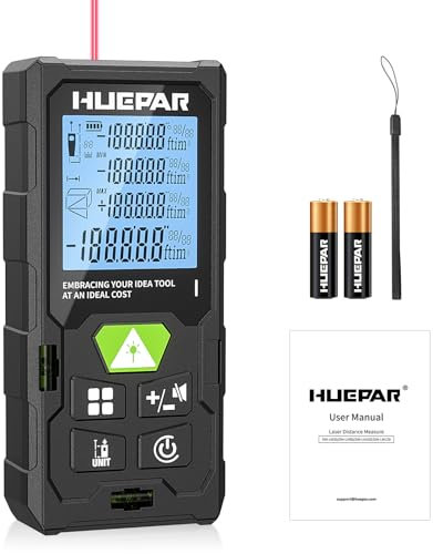 Telemetro laser, dispositivo di misurazione laser Huepar 100M Telemetro con laser, LCD retroilluminato, misurazione di distanza, area e volume e modalità pitagorica (ft/m/in)