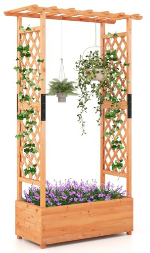 GOPLUS Hochbeet mit Rankgitter, Blumenkasten mit hängendem Dach & Ablauflöchern, Pflanzkasten Rankhilfe Pflanzkübel für Garten, Terrasse, Hof (Orange, 110 x 44 x 182 cm)