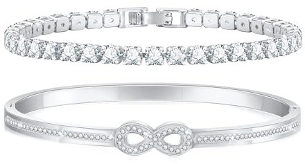 TempBeau Armband dam guld silver tennisarmband – kristaller tennis armband 6 mm brett kubisk zirkonia armband för kvinnor, vattentätt tennisarmband med rostfritt stål armband set, presenter för