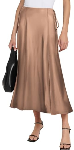 Gonna lunga da donna in raso, a vita alta, elegante gonna midi di seta, linea A, Flared Midi, business, feste, tempo libero, marrone, S