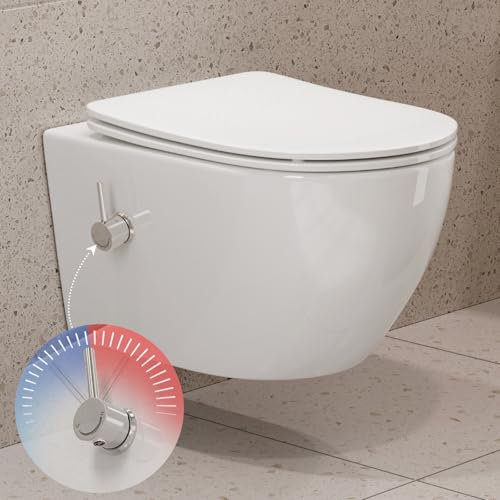 HOROW Dusch WC mit Integrierter Düse, Hänge WC Spülrandlos, WC mit Bidet Funktion, Taharet WC mit Nanobeschichtung, WC Dusche mit Armatur, WC Sitz mit Absenkautomatik, Kalt-Warm Wasser, 53,5×36×37,5cm