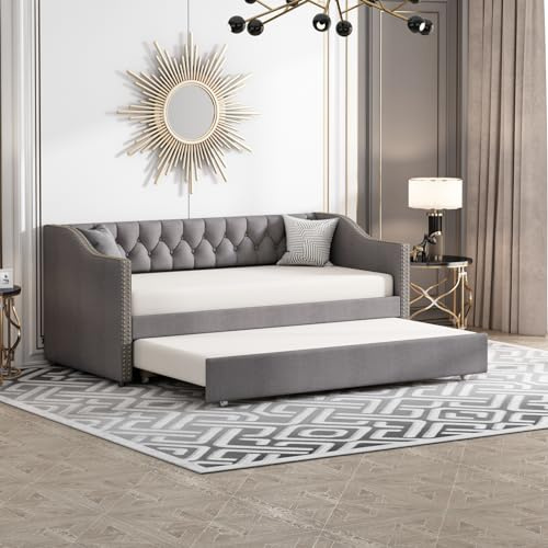 MISNODE Canapé-lit multifonction extensible 90/180 x 200 cm, canapé extensible à 2 places avec sommier à lattes, lit double en velours, gris, sans matelas (gris-B, 90/180 x 200 cm)