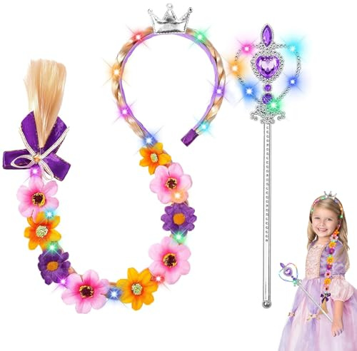 2 Stück Haarreif Prinzessin Zopf und Prinzessins Zauberstab, Prinzessin Kostüme Zubehör mit LED Licht für Cosplay Geburtstag Maskerade, Geschenk für 3-8 Jahre Mädchen