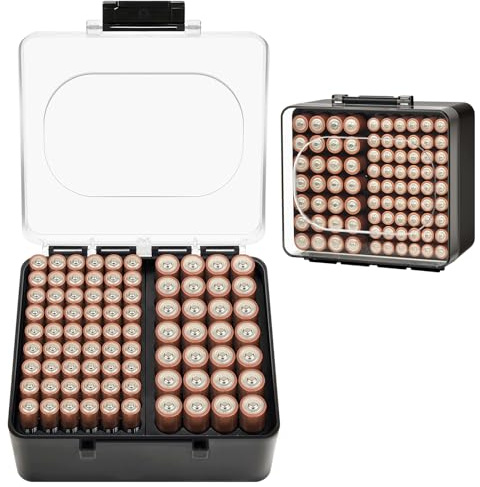 FULLCASE Batterilåda Batteri Förvaringsorganiserare för AA AAA Batterier, Batteri Förvaring, Batteri Förvaringslåda, endast Låda (Svart, 28 AA 54 AAA)