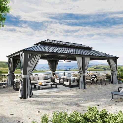 Aoxun 14' X 24' Hardtop Gazebo with Drainage System, Aluminum Outdoor Gazebo with Galvanized Steel Double Roof, Patio Permanent Metal Pavilion with Netting, for Garden, Deckyard, Grey