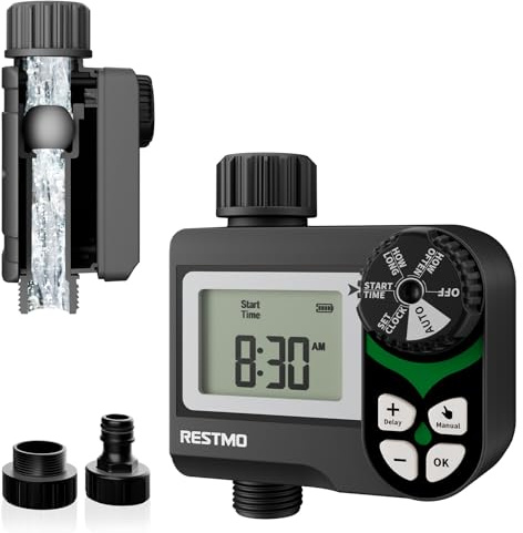 RESTMO Irrigation Timer Zero Pressure Ball Valve Water Timer, Hose Timer | Interval Program Timer for Outside Tap, Delay/Manual/Automatic Irrigation, Low Pressure Watering Compatible with Rain Barrel