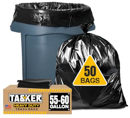 Tasker 55 Gallon Trash Bags | Value 50 Trash Bags w/Ties | Heavy Duty Extra Large Industrial Trash Bags 55 Gallon, Lawn and Leaf Bags, Extra Large Outdoor Contractor Trash Can Liners, 50-60 Gallon