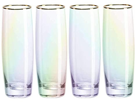Root7 Lot de 4 flûtes à champagne | Verres à prosecco | Coffret cadeau | Verres teintés en borosilicate pour champagne ou vin mousseux | Flûtes à champagne sans pied arc-en-ciel | 175 ml