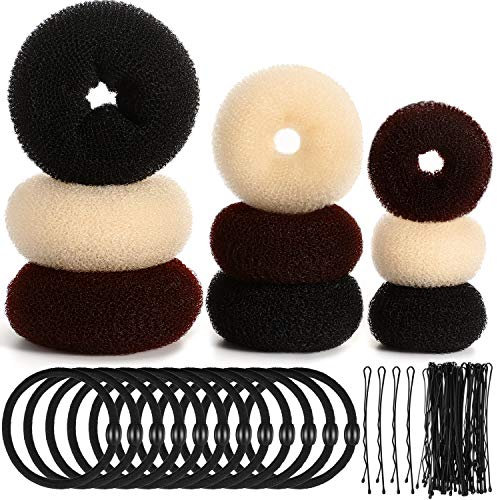 9 Pieces Donut Hair Bun Maker Shaper Foam Sponge Doughnut Bun Ring Style Set with 12 Pieces Hair Elastic Bands Ties and 32 Pieces Hair Bobby Pins for Women Girls Kids (Black, Brown and Beige)