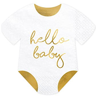 Party Deco Lot de 20 serviettes de table pour fête prénatale en forme de barboteuse avec inscription « Hello Baby » Doré/blanc