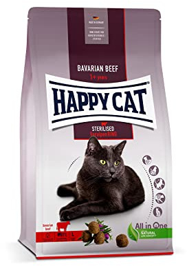 Happy Cat 70574 – steriliserad vuxen föralpar nötkött – torrfoder för steriliserade katter och baksmälla – 1,3 kg innehåll | Kattmat för kastrerade katter och bostäder med prealpnötkött, 87% animaliskt protein, 10,5% fett, krokett XL