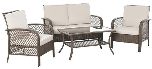 Outsunny Set Mobili da Giardino in Rattan Marrone, Set Tavolino, Sedie e Divano da Esterno 4Pz con Cuscini Imbottiti Cachi