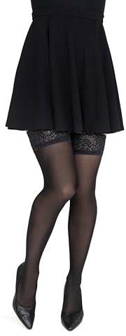 LORES Italian Black Hold-up Stockings Lace Top 30 Den Semi-Sheer Thigh-highs Invisible Silicone, Nero XL/XXL Plus size