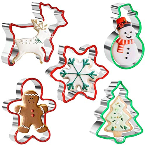 5 Stücke Weihnachts Ausstecher Set Edelstahl Lebkuchenmann, Schneeflocke, Schneemann, Weihnachtsbaum und Rentierform mit Weichem PVC-Rand Weihnachts Ausstechformen zum Backen