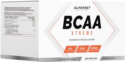 Superset Nutrition - BCAA Xtreme (252 Caps) - BCAA 2:1:1 - Récupération musculaire - Acides aminés enrichis en Rhodiola Rosea - Pré-workout + Post-workout - L-Leucine, L-Isoleucine et L-Valine
