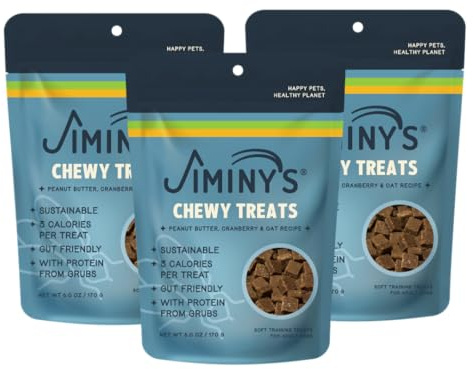 Jiminy's Chewy Training Treats for Dogs, Low Calorie, Hypoallergenic Insect Protein, Made in USA, 6oz, Peanut Butter & Cranberry (Pack of 3)