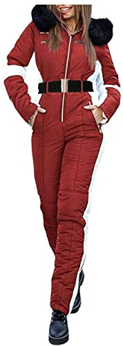 Damen Schneeanzug, Einteiliger Skioverall Winter Warme Schnee Skifahren Sätze Outdoor Jumpsuit Langer Overall mit Kapuze Reißverschluss Skianzüge wasserdicht (Rot, M)