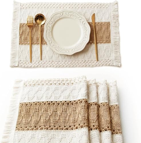 FEXIA Boho Placemats Set of 4, Macrame Table Decor Farmhouse Style Placemats in Natural Cotton Burlap, for Kitchen and Dining Table Centerpiece Home Decorations