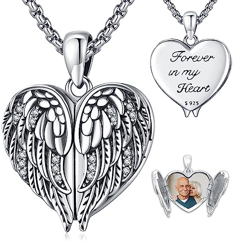 LOOVE Angel Wings Sterling Silver Heart Locket Necklace for Women, Holds Pictures