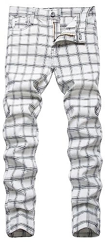 YIHUILONG Pantalon chino à carreaux pour homme, coupe ajustée, coupe ajustée, devant plat, tendance, affaires, décontracté, blanc, 46
