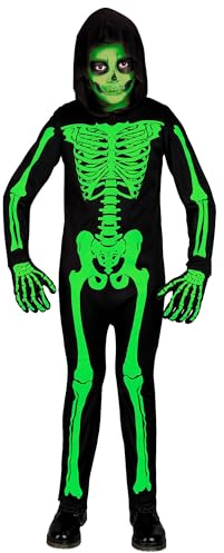 W WIDMANN MILANO Party Fashion – barnkostym, skelett, overall med huva, vit, lyser under UV-ljus, halloweenutklädnad
