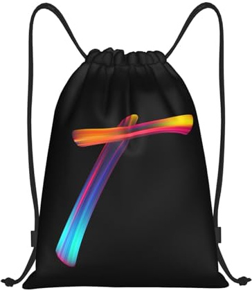 Pazacon Drawstring Bags Initial Drawstring Backpack Sackpack Black Draw String Cinch Bags for Sports, Gym, Travel, Swimming, Beach, Camping, Rainbow Letter T