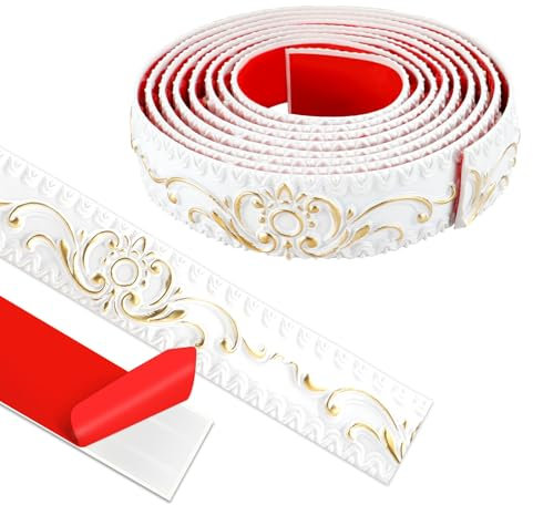 ZTVOWTO Wandleisten Selbstklebend, Deckenleisten Selbstklebend, 3D Deckenleisten Styropor für Spiegelkanten, Möbel, Türrahmen, Decken, Wohndekoration (Weiß mit Gold, 300cm*3.6cm)
