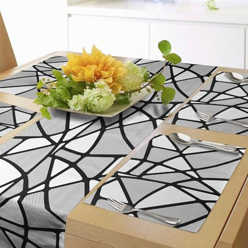 ABAKUHAUS Schwarz und weiß Tischläufer & 4 Stück Tischsets, Geometrisches Muster mit Abstrakter Entwurfs-starken und dünnen Linien Fliese, Tischdeko-Set, 180 x 40 cm, Grau Schwarz