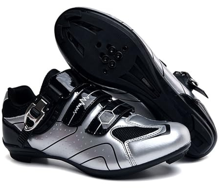 Treer Chaussure Velo Route Hommes, Chaussures de Cyclisme Homme et Femmes Chaussure VTT Chaussures Velo Route avec Crampons Antidérapants Semelle Dure 36EU-47EU Bleu Argent Rouge Vert