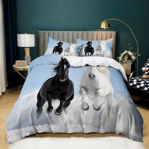 Copripiumino Cavallo Bianco Nella Neve Set copripiumino in microfibra In bianco e nero biancheria da letto leggera 200 x 200 cm con chiusura a cerniera Regali per mamma e papà Decorazione