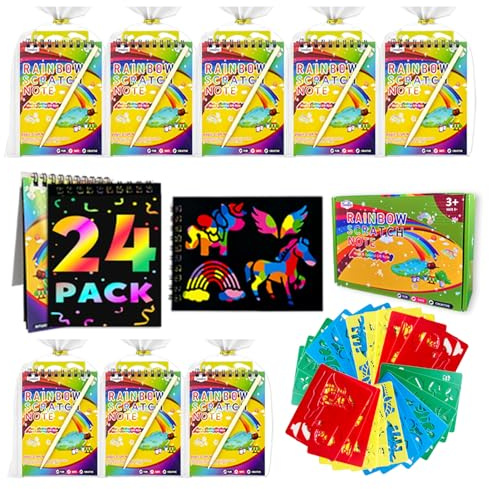 Decojoy Party Favors for Kids 4-8, Scratch Art Birthday Return Gifts, Bulk Rainbow Scratch Paper Notebook 24 Set with Reusable Stencils, Christmas Goodie Bags Stuffers for Girls Boys School Classroom