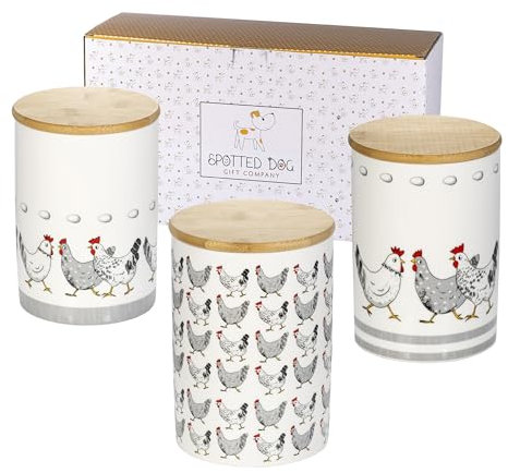 SPOTTED DOG GIFT COMPANY Vorratsdosen Keramik mit Deckel Luftdicht - 3 Vorratsbehälter vielseitig für Mehl Kaffee Tee Zucker Dose Aufbewahrungdose, Kapazität je 1.2 Liter, Hühner Motiv Geschenk