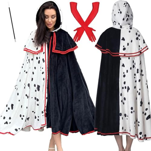 MAISUIZI Djävulskostym kvinnor dalmatiner Deville cape rock halloween cosplay kappa med handskar läsdag
