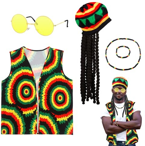5Pcs Reggae Costume Accessories, Jamaican Rasta Fancy Dress Set with Caribbean Vest Yellow Sunglasses Braided Dreadlocks Wig Hat Cap Bracelet for Women Men Party Masquerade Cosplay Halloween Carnival