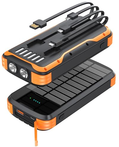 MINRISE Solar Power Bank 40000mAh, Portable Charger PD 20W Fast Charging Solar Charger Power Bank Built in 4 Cables and USB-C in/Output, Camping Essentials External Battery Pack with Flashlights
