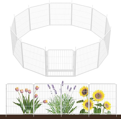 SunsGrove Decorative Garden Fence with Gate 80 cm(H) x 8.2 m(L) 12 Panels, Heavy Duty Metal Animal Barrier Fence for Yard, Flower Bed Fencing, Garden Border Fences, Easy Set Up, White