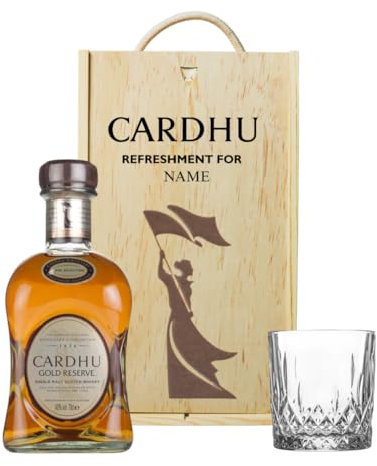Personalised Cardhu Gold Reserve Single Malt Scotch Whisky Gift Set with Whisky Glass in a Wooden Box - 70cl (40% ABV) - Gifts for Men, Mens Gifts, Father's Day, Christmas, Birthdays