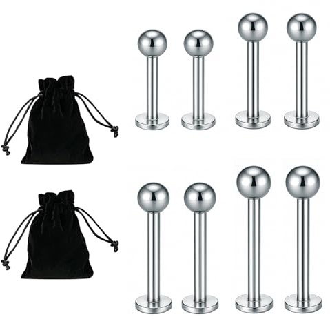 Musiook 8PCS Tragus Bar, Lip Bars, Nose Studs, Tragus Piercing Jewellery - Stainless Steel Labret Piercing Jewellery, Labret Studs, Helix Cartilage Jewelry Bar, 6-12mm, Silver, Flat Back Earring