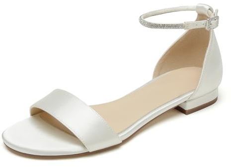 WeFloHsL Sandali Da Sposa Bassi in Raso Da Donna Punta Aperta Cinturino Alla Caviglia Sandali Da Spiaggia Matrimonio Feste,Avorio,40 EU
