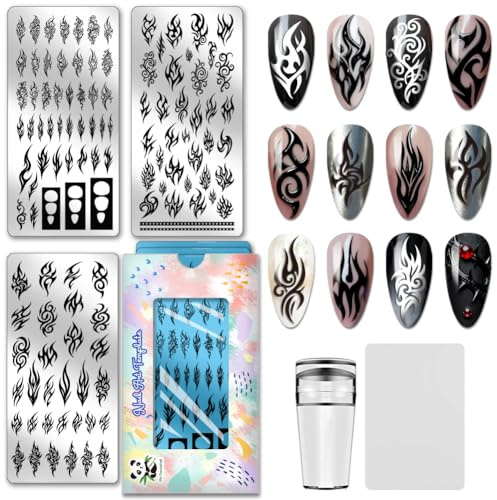 PH PandaHall Placas de estampado de uñas de línea gótica con 113 patrones, estilo punk, espinas, plantillas de arte de uñas, llamas tribales, plantillas de arte de uñas, patrón de remolino, placas de