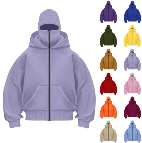 Generisch Balaclava Sweat à capuche pour homme avec fermeture éclair, sweat à capuche zippé avec cagoule, veste de survêtement ninja oversize masque, sweat-shirt avec double capuche, coupe-vent Y2K
