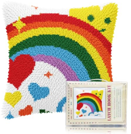 FREEBLOSS Rainbow Pattern Latch Hook Pillow Kit 17x17 Inch | Printed Pillowcase DIY Pillow Cover for Handmade Cushion Decoration Sofa for Beginners Adults
