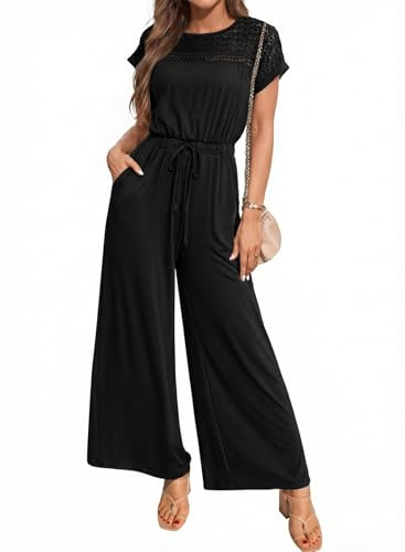 Dokotoo Jumpsuits for Women Dressy Casual One Piece Wide Leg Rompers 2026 Outfits Short Sleeve Loose Pants Summer High Waist Overalls Formal Jumpsuit With Pockets Black Large