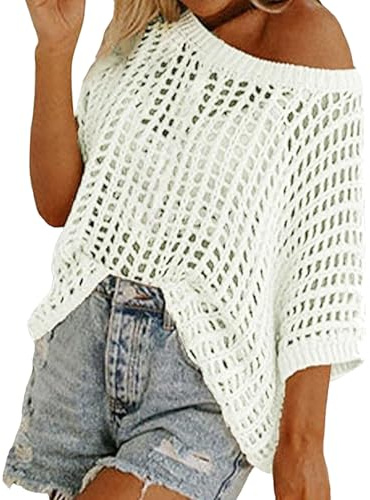 LLELEMAMO Haut Crochet Femme Été Pull Court Maille Ajourée Chic t Shirt Col Rond Manches Courtes Ample Léger Tunique Plage