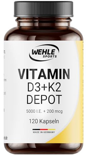Vitamin D3 K2 Depot 120 Kapseln Hochdosiert 5.000 IE Vitamin D3 + 200 µg Vitamin K2 MK7 All Trans – Wehle Sports - Ohne Zusätze, Hergestellt in DE.