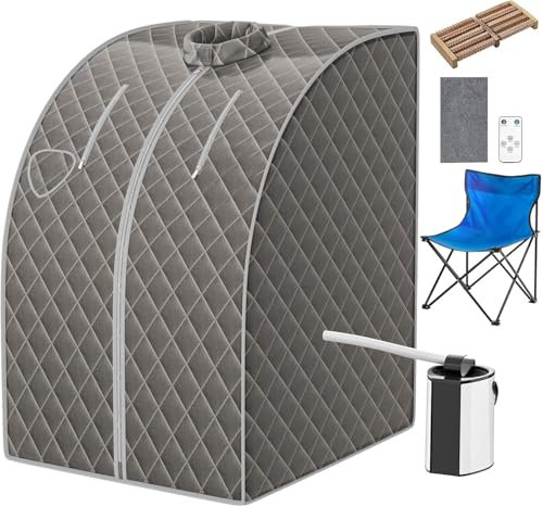 RELAX4LIFE Sauna a Vapore Portatile 3 L, Cabina Domestica per SPA, 9 Temperature Regolabili, 15-90 Minuti, Telecomando e Sedia, 1000W (Grigio)