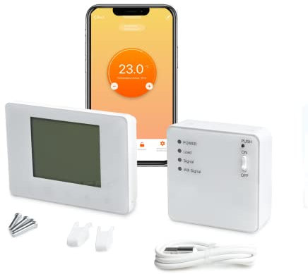 Domos - Termostato WiFi Inteligente Portátil para Calefacción | Termostato Digital Inalámbrico con Pantalla Táctil | Programable | Compatible con Alexa y Google Assistant